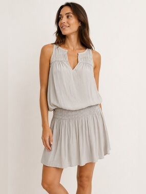 Ramy Brook Hillton Dress Grey Keyhole Smocked Mini Large